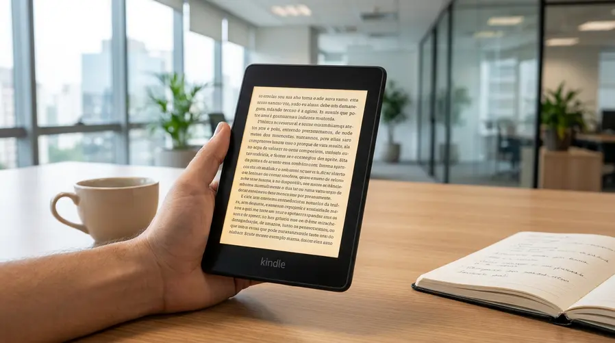Uma foto do Kindle Paperwhite Signature Edition em uso, com a tela exibindo uma página de livro em ambiente bem iluminado, destacando a leitura confortável e os recursos premium do aparelho, como o acabamento e a iluminação ajustada para uso no dia a dia.