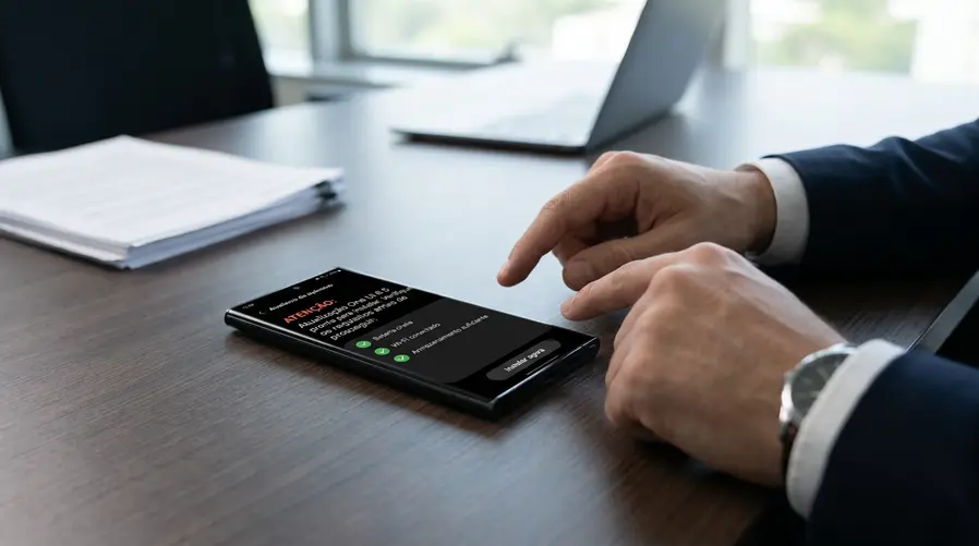 Uma tela de configurações de atualização em um smartphone Samsung, mostrando o aviso de download e instalação da One UI 8.5, com elementos visuais de atenção como bateria cheia, Wi-Fi conectado e espaço disponível, para reforçar a ideia de checklist antes de atualizar.