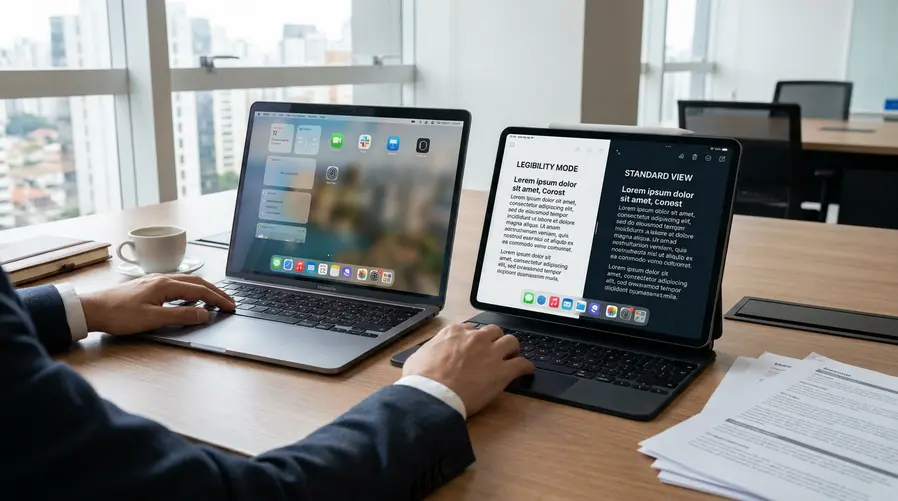 Uma comparação visual de telas da Apple com o novo efeito translúcido ativo, destacando botões, widgets e barra de navegação com contraste evidente entre fundo e texto, para ilustrar como a legibilidade e o visual podem mudar no uso real.
