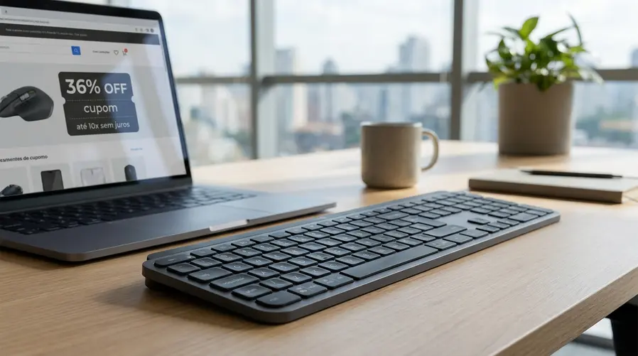 Uma imagem do teclado Logitech MX Keys S em destaque ao lado de um card de oferta mostrando claramente o desconto de 36%, a indicação de cupom e a informação de parcelamento em até 10x sem juros, como se fosse um print de loja ou vitrine online voltada ao consumidor.