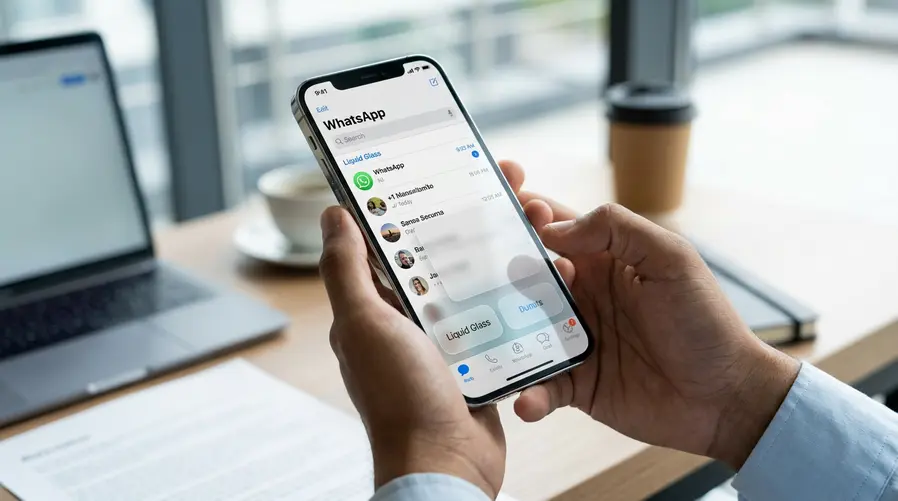 Uma captura de tela do WhatsApp no iPhone mostrando a interface com o efeito Liquid Glass em evidência, de preferência na barra inferior e nos botões arredondados/translúcidos, para ilustrar exatamente os elementos visuais que mudam nesta seção.
