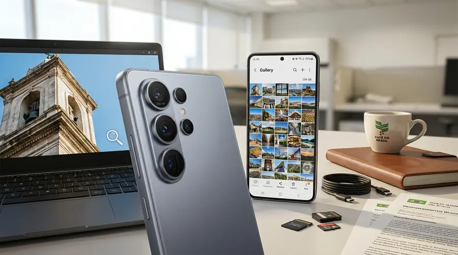 Uma imagem em close do Galaxy S25 Ultra em destaque, com foco na traseira mostrando o conjunto de câmeras e um detalhe visual do zoom/qualidade da câmera de 200 MP, ao lado de elementos que remetam a armazenamento e uso cotidiano, como ícones de fotos, vídeos e apps, para ilustrar o pacote de especificações da seção.