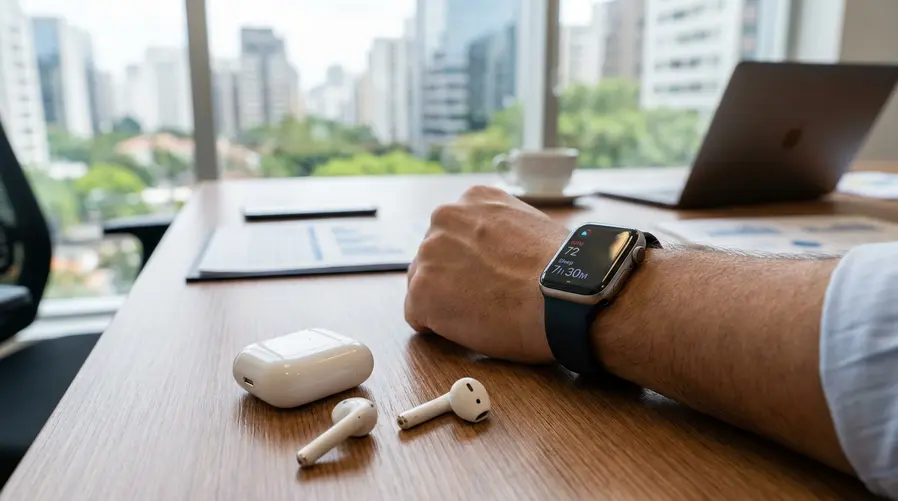Um Apple Watch no pulso ao lado de um par de AirPods sobre uma mesa, com elementos visuais discretos de saúde na tela do relógio, como batimentos cardíacos, sono e alertas, para ilustrar os recursos que estão sendo ampliados globalmente.