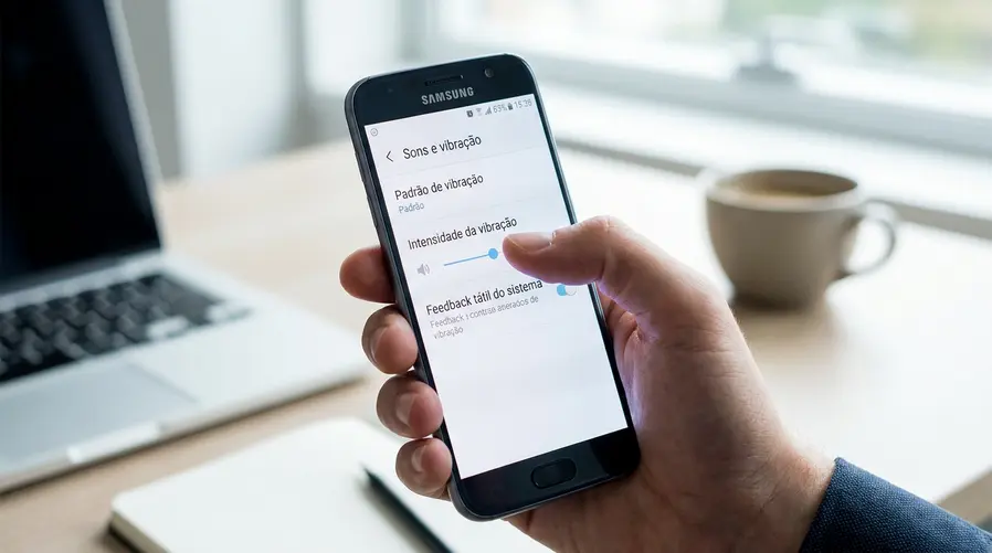 Um close na tela de um smartphone Samsung com a interface de configurações/hápticos aberta, mostrando uma mão tocando e deslizando um controle ou botão de sistema, para evidenciar a sensação tátil refinada em uma interação pequena e cotidiana.