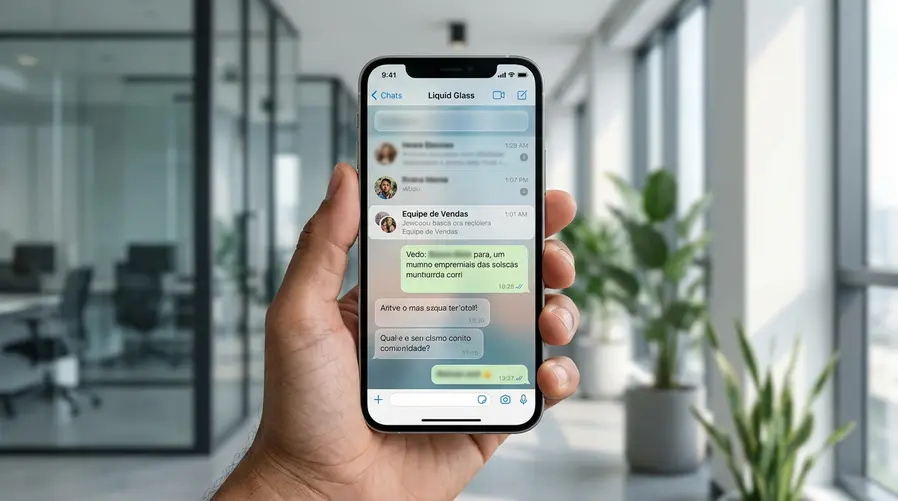 Uma captura de tela do WhatsApp no iPhone mostrando a interface com efeito translúcido no topo, botões e barras com aparência de vidro esmaecido, destacando claramente um menu ou tela de conversa para visualizar onde a mudança aparece no uso real.