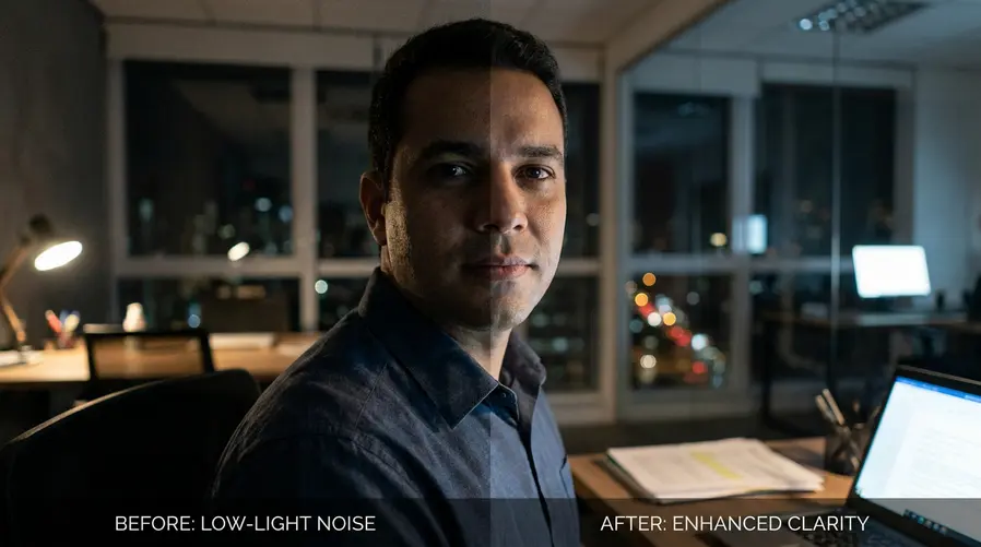 Uma foto comparativa feita em ambiente com pouca luz, mostrando na mesma cena duas versões de um rosto ou objeto: uma mais escura e granulada e outra mais clara, com detalhes visíveis no fundo e menos ruído, destacando a diferença que a nova câmera promete em ambientes noturnos.