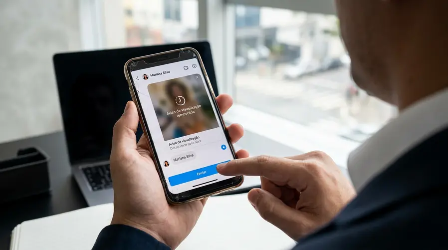 Uma captura de tela simulada do Instagram mostrando a área de envio de uma foto instantânea, com destaque para o aviso de visualização temporária, o destinatário escolhido e um relógio/indicador visual sugerindo que a imagem desaparece após ser aberta.