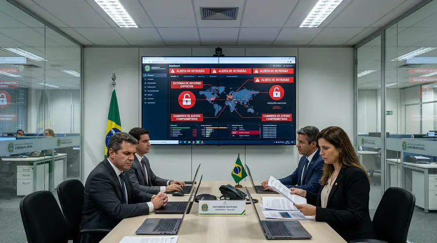 Uma imagem mostrando uma tela de painel de segurança digital com alertas, cadeados abertos e mapas de rede conectados, sugerindo um sistema público sendo monitorado e invadido, sem elementos genéricos de 'cibersegurança' demais: a cena deve transmitir exposição institucional e constrangimento oficial.