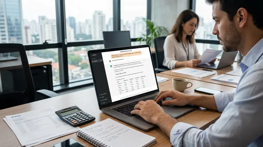 Uma captura de tela ou mockup do ChatGPT exibindo uma conversa sobre finanças pessoais, com exemplos concretos como categorização de gastos do mês, comparação entre despesas fixas e variáveis, e um alerta visual destacando limites de uso ou necessidade de conferência manual dos valores.