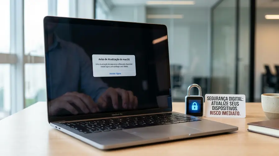 Uma imagem mostrando a tela de um MacBook com um alerta de atualização do macOS aberto, ao lado de um cadeado digital ou aviso de segurança, para ilustrar a ideia de risco prático e necessidade de atualização na seção sobre impacto para o usuário.
