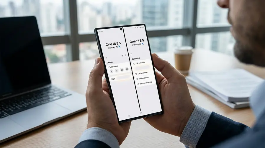 Um print comparativo da interface do Galaxy AI no S23 Ultra com a One UI 8.5, destacando visualmente as áreas vazias ou ausentes na tela: a aba Create do Photo assist sem o ícone de texto, a falta da nova aba Style e a área do Call assist sem a opção de call screening.