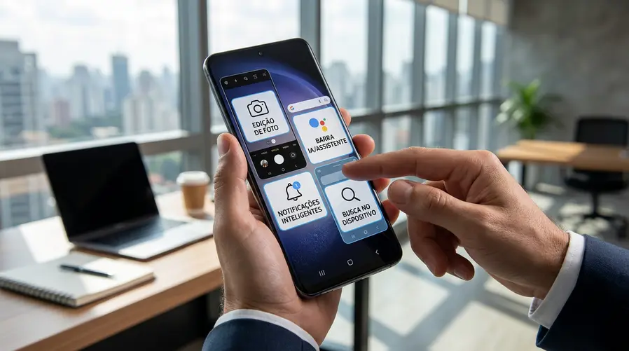 Uma imagem mostrando a tela de um Galaxy com quatro blocos destacados em volta, representando os pontos que o leitor deve observar no I/O: câmera com edição de fotos, barra de IA/assistente, notificações inteligentes e busca no app que já usa. A imagem deve parecer uma captura de uso real do celular, com elementos visuais simples e didáticos.