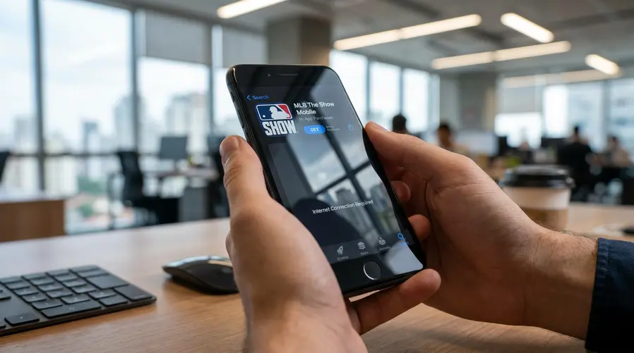 Uma captura da tela da App Store mostrando o cartão do aplicativo MLB The Show Mobile no iPhone, com destaque para o botão de baixar grátis, a indicação de compras dentro do app e a linha de exigência de conexão à internet.
