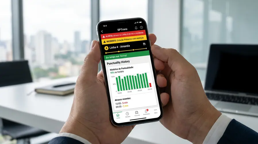 Uma captura de tela do app exibindo uma linha de transporte com status em tempo real, um bloco de histórico de pontualidade e alertas visíveis de atraso/incidente, para reforçar a ideia de dados mais úteis do que um mapa comum.