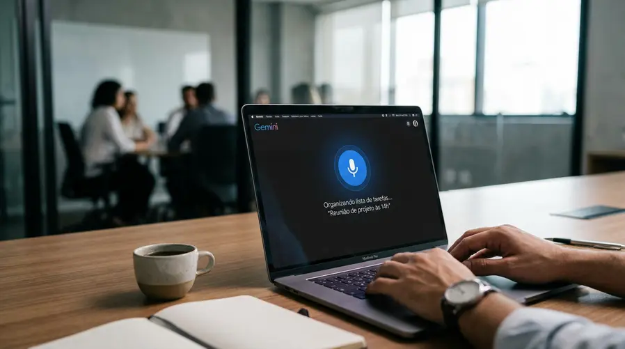 Tela de um Mac com o Gemini aberto em modo de comando por voz, mostrando um microfone ativo e uma ação simples em andamento, como organizar uma tarefa ou responder uma instrução falada, para ilustrar o uso prático do recurso no dia a dia.