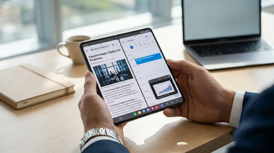 Uma imagem mostrando um smartphone dobrável aberto com a tela interna em destaque, com elementos visuais apontando para conforto de leitura, divisão de apps e tela mais ampla para vídeo, reforçando a comparação entre uso comum e benefícios práticos da seção.