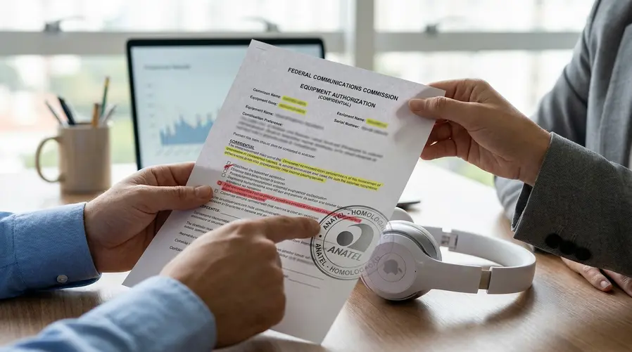 Uma imagem aproximada de um documento da FCC com campos destacados, ao lado de um fone Apple parcialmente encoberto por um carimbo visual de 'certificação', mostrando a ideia de vazamento regulatório sem revelar o produto inteiro.