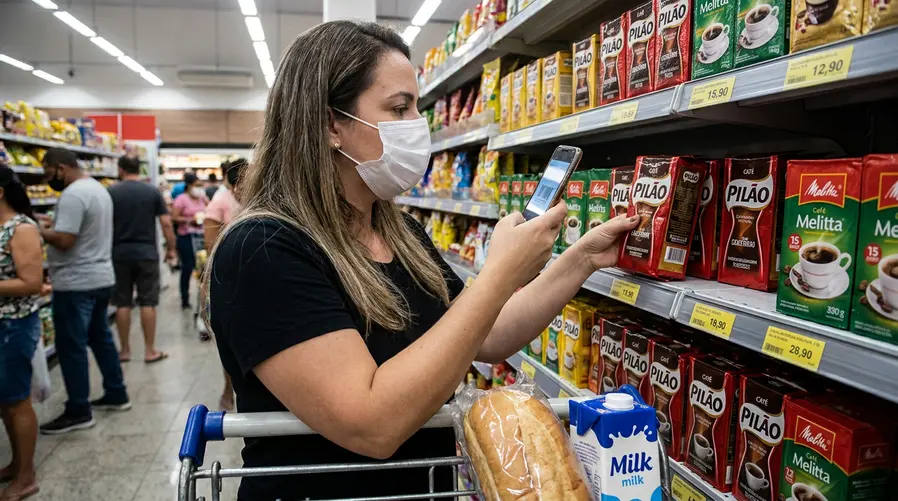 Uma pessoa no corredor de supermercado comparando preços em duas prateleiras, com marcas diferentes do mesmo produto, celular na mão para conferir valores e um carrinho com poucos itens, reforçando a ideia de troca de marca e compra mais enxuta.