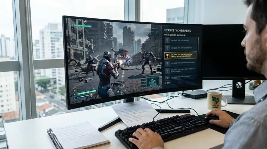 Uma captura de tela de Pragmata mostrando a interface de progresso de conquistas ao lado de uma cena de combate, com destaque visual para uma lista de objetivos difíceis e um exemplo de desafio específico que o jogador precisa cumprir para avançar na coleção de troféus.