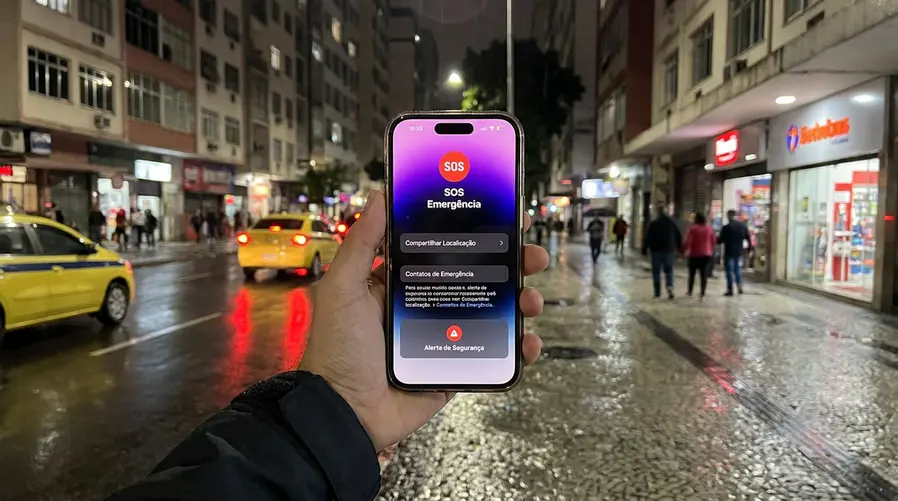 Um iPhone Pro em uso na rua, com a tela destacando uma função de segurança/assistência ativada no celular; ao lado, elementos visuais que sugiram uso real no cotidiano brasileiro, como alguém caminhando à noite, trânsito urbano e uma interface simples que indique que o recurso ficou mais fácil de acessar.