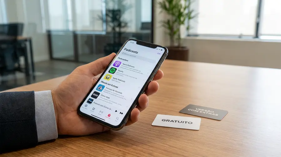 Uma composição mostrando a tela de um celular com apps de podcast abertos em formato de lista, com destaque para Apple Podcasts e Spotify, ao lado de um pequeno selo visual sugerindo 'gratuito' e 'versão com extras', para ilustrar as opções de acesso e assinatura daquela seção.