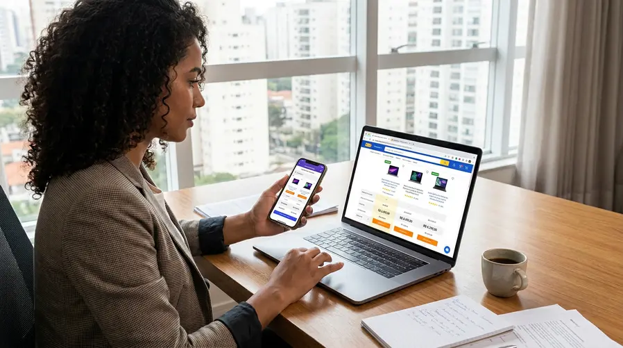 Uma imagem mostrando um consumidor brasileiro comparando preços de notebooks em um celular e em um site de loja, com duas ou três abas abertas e valores diferentes na tela, para ilustrar a ideia de que pesquisar antes de comprar virou parte essencial da decisão de gastar mais em um produto premium.