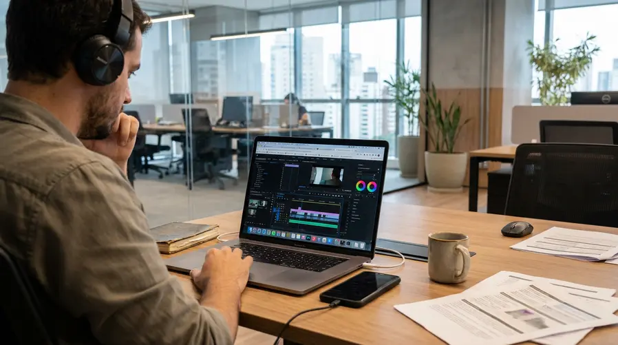 Uma imagem mostrando um MacBook Pro em uso real sobre uma mesa de trabalho, com um editor de vídeo, várias abas do navegador e um celular ao lado carregando, para ilustrar a ideia de custo-benefício e uso pesado no dia a dia — não uma foto genérica do notebook fechado.