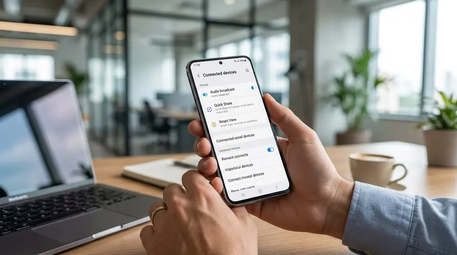 A tela do Galaxy mostrando o caminho nas configurações até Connected devices > Audio broadcast, com a opção destacada na lista e um detalhe que sugira que ela agora ficou mais fácil de achar do que no menu antigo.