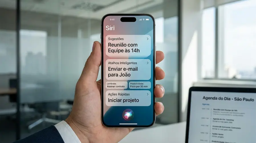 Uma imagem mostrando a tela de um iPhone com uma interface de Siri redesenhada e elementos visuais de Apple Intelligence, como sugestões contextuais e atalhos inteligentes, para ilustrar a seção sobre iOS 27 e a nova Siri.