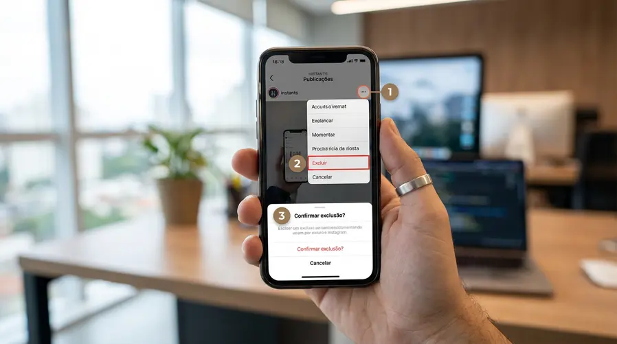 Uma captura de tela vertical mostrando o menu de opções aberto em uma foto do Instants, com o botão de apagar destacado e a sequência de toques necessária para excluir a imagem aparecendo de forma clara na interface do Instagram.