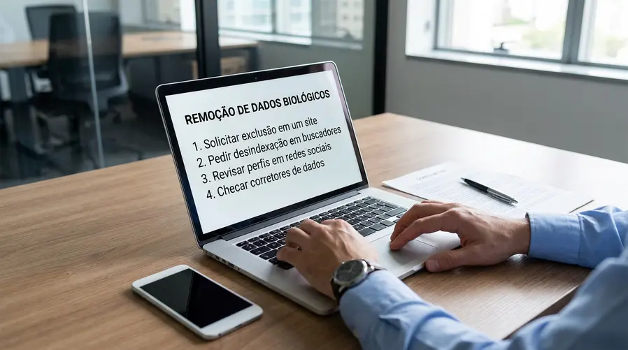 Uma tela de notebook ou celular mostrando uma lista de etapas de remoção de dados: pedir exclusão em um site, solicitar desindexação em um buscador, revisar perfis em redes sociais e checar corretores de dados. A imagem deve parecer um passo a passo prático, com visual de checklist, e não uma cena genérica de segurança digital.