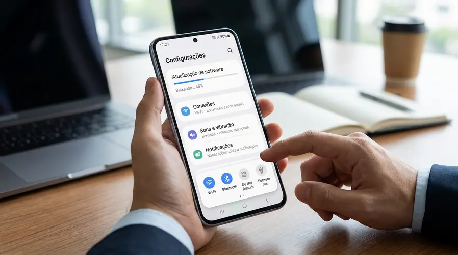 Uma imagem de um Galaxy A56 com a tela de configurações aberta mostrando a interface de atualização da One UI, com destaque visual para elementos do sistema que remetam a mudanças no visual e nos atalhos rápidos, para ilustrar as melhorias percebidas no uso diário.