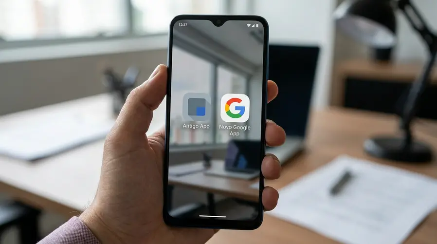 Uma comparação lado a lado na tela de um celular Android mostrando o ícone antigo e o novo de um app de produtividade do Google na home screen, com destaque visual para a diferença de cores e formato, sem focar na marca do aparelho.