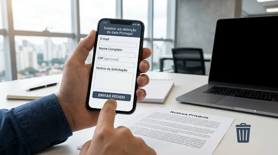Uma tela de celular mostrando um formulário de solicitação de exclusão de dados em um site, com campos como e-mail, nome completo e botão de envio, ao lado de um ícone de lixeira ou privacidade. A imagem deve transmitir a ação prática de pedir remoção, não um conceito genérico de segurança.