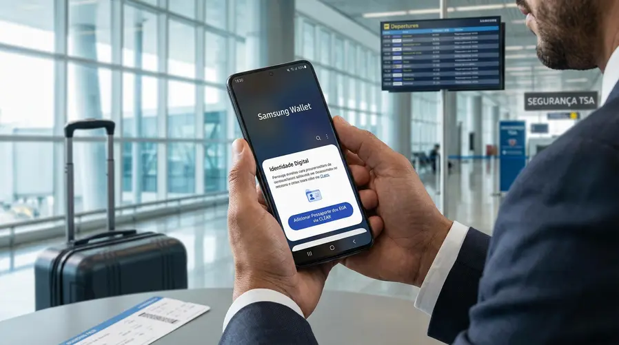 Tela de um Galaxy mostrando o Samsung Wallet aberto na área de identidade digital, com a opção de adicionar o passaporte dos EUA via CLEAR e um destaque visual para o uso em aeroportos/TSA.