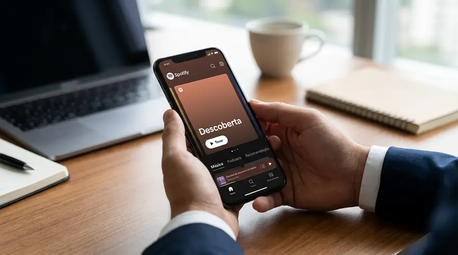 Um mockup de smartphone mostrando a nova interface do Spotify com abas bem visíveis para música, podcasts e recomendações, além de um destaque para a área de descoberta de conteúdo na tela inicial, indicando a reorganização do app.
