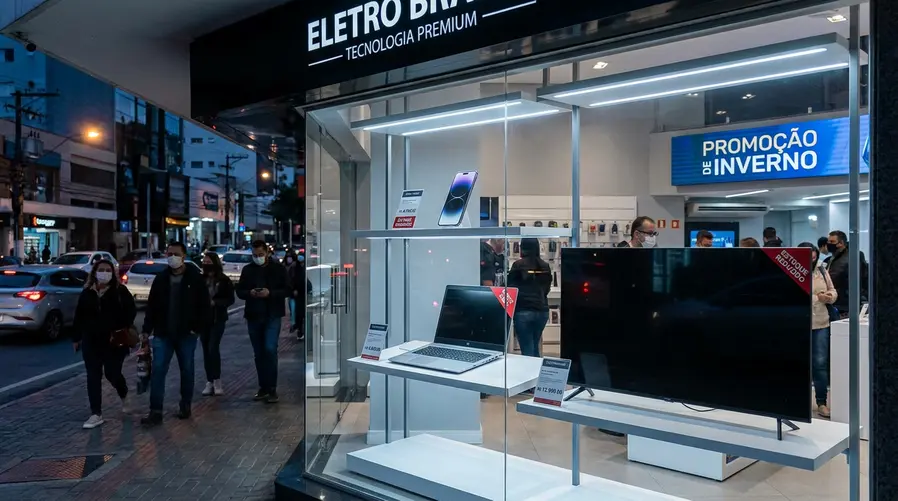 Uma cena de vitrine de loja de eletrônicos no Brasil com etiquetas de preço em um celular, um notebook e uma TV lado a lado, destacando valores subindo ou avisos de estoque reduzido, para ilustrar a pressão no bolso do consumidor.