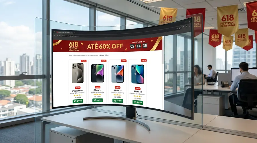 Uma vitrine ou página de e-commerce com vários modelos de iPhone em destaque e etiquetas de preço menores, ao lado de elementos visuais do festival 618 (números '618', bandeiras promocionais e contagem regressiva), para mostrar a disputa direta por preço e atenção do consumidor.