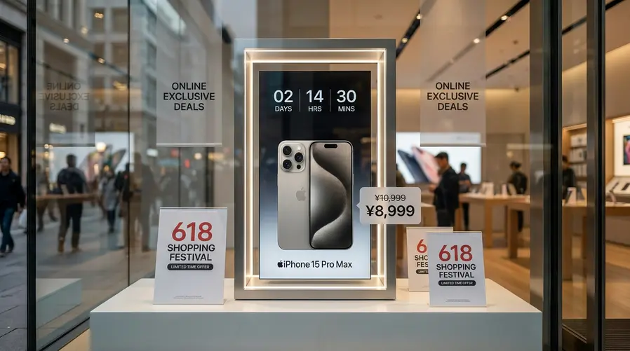Um iPhone exposto ao lado de etiquetas de preço com valores reduzidos em uma vitrine de loja na China, com elementos visuais que indiquem promoção do festival 618, como placas de desconto, contagem regressiva ou banners de compras online.