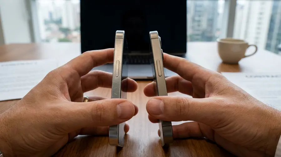 Comparação visual em close de dois acabamentos de laterais de smartphone: um em alumínio e outro em titânio, com destaque para textura, brilho e aparência premium, idealmente em um iPhone ou mockup semelhante para ilustrar como isso pode influenciar a sensação do aparelho na mão e a percepção de valor.