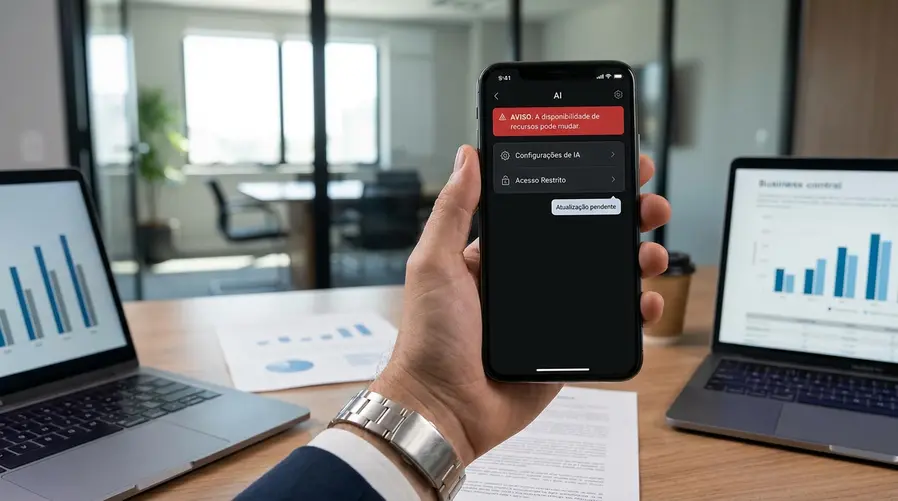 Uma tela de iPhone com uma interface de IA destacada ao lado de um aviso visual de mudança nas regras ou disponibilidade do recurso, como um banner de atualização, um ícone de bloqueio ou uma tela de configuração mostrando que a integração pode ser alterada.