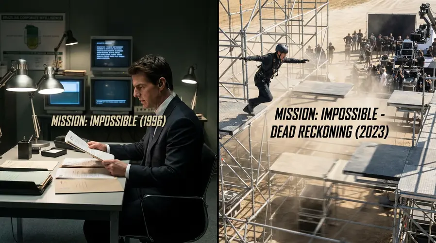 Uma imagem comparando dois momentos da franquia: de um lado, Tom Cruise em um cenário mais discreto e de espionagem do primeiro filme; do outro, uma cena recente com ação em grande escala, como perseguição, salto ou set prático visivelmente mais ambicioso.