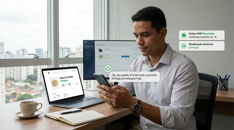 Uma cena de consumidor brasileiro usando o celular para falar com um chatbot de atendimento enquanto acompanha um pedido de compra online, com telas sugerindo tarefas sendo resolvidas automaticamente em segundo plano, como troca de status do pedido, confirmação de entrega e resposta de suporte em poucos passos.