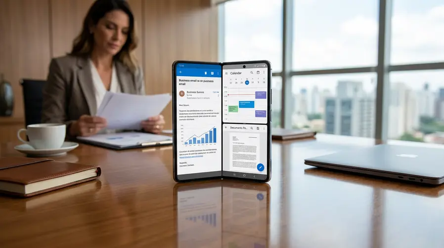 Mostrar um Galaxy Z TriFold ou um dobrável premium aberto sobre uma mesa, com destaque para a tela ampliada e a ideia de usar o aparelho como celular e mini-tablet; a imagem deve reforçar a comparação entre a experiência real de um dobrável já vendida hoje e a promessa ainda distante de um enrolável.