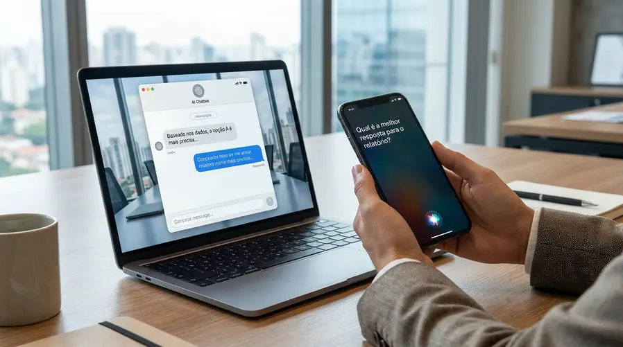 Uma imagem mostrando a tela de um iPhone com a Siri aberta ao lado de uma interface de chatbot de IA, com destaque visual para a ideia de integração ou competição entre assistentes no aparelho, como se o usuário estivesse comparando quem responde melhor no dia a dia.