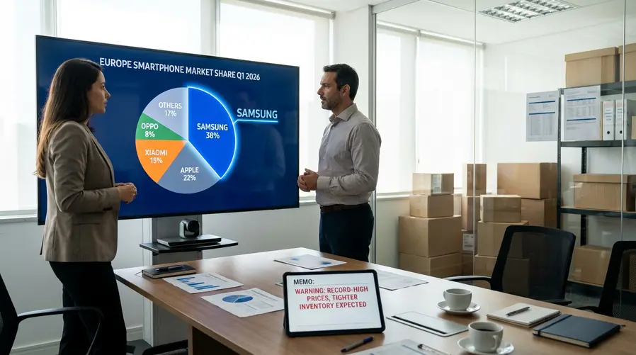 Um gráfico de participação de mercado por marca na Europa no 1º trimestre de 2026, com destaque visual para a fatia de 38% da Samsung e, ao lado, um pequeno bloco ilustrando o alerta de preços recordes e possível aperto de estoque, para reforçar a ideia de mercado caro e com oferta menos folgada.