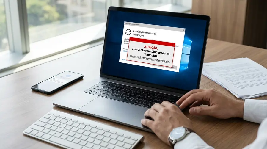 Uma tela de computador ou celular exibindo um aviso de atualização e, sobreposto, um alerta visual de phishing/engenharia social com aparência de mensagem urgente e um botão de clique destacado, para mostrar o contraste entre um aviso legítimo e uma isca falsa naquela seção.