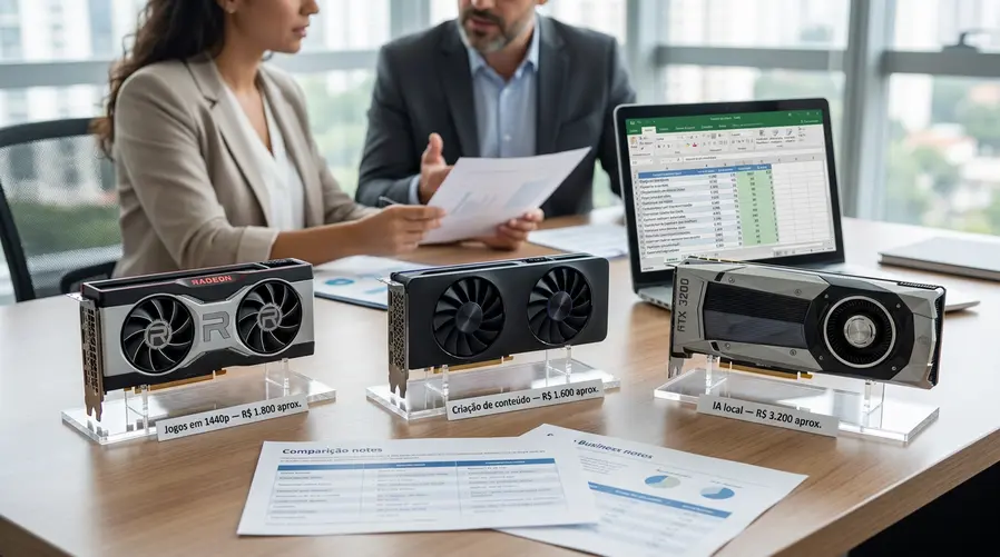 Uma comparação visual de três opções lado a lado: uma placa AMD Radeon, uma Intel Arc e uma Nvidia usada, com etiquetas de uso prático em português como 'jogos em 1440p', 'criação de conteúdo' e 'IA local', além de preços aproximados em reais para mostrar a diferença de custo-benefício.