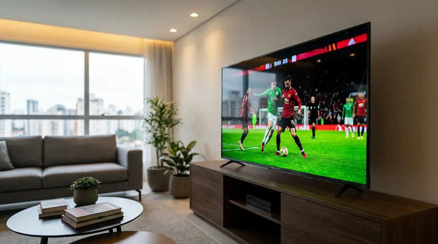 Uma foto da TV TCL C6KS em uso, mostrando a tela com imagem muito brilhante e colorida em uma cena de filme ou jogo de futebol, para reforçar visualmente a ideia de Mini LED + QLED entregando mais contraste e vivacidade na seção que explica a diferença do painel.