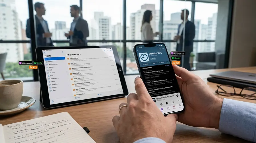 Uma captura que mostre a tela de um app de podcasts com o feed do 9to5Mac Daily aberto e, ao lado, os ícones ou nomes de plataformas citadas na seção, reforçando a facilidade de acesso em diferentes apps e dispositivos.